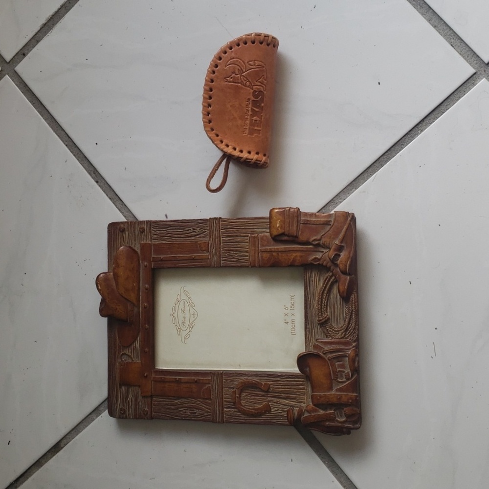 Unique rare Texas "Cowboy" picture frame plus little leather coin wallet